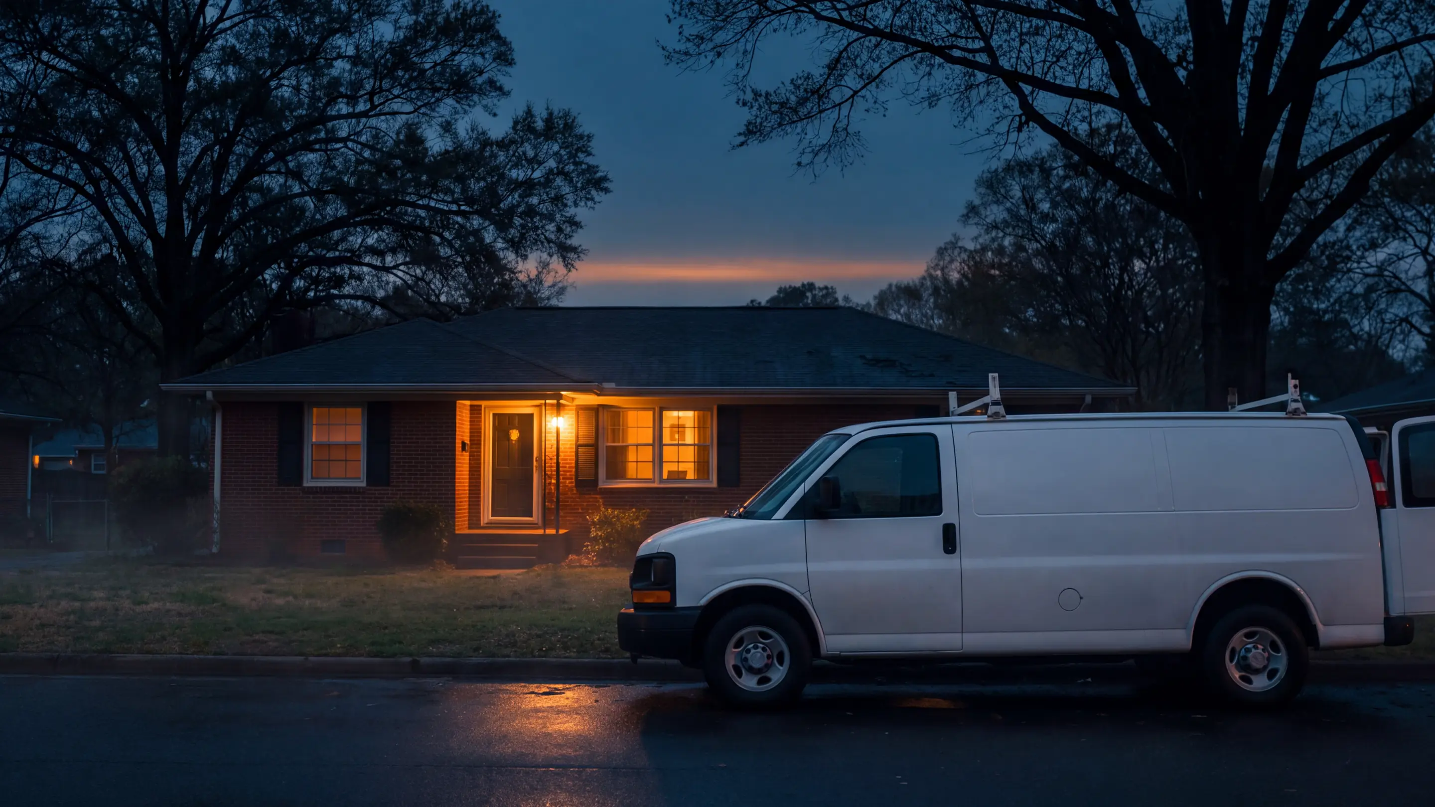 A contractor's van parked at the curb at blue hour, the day's work finished