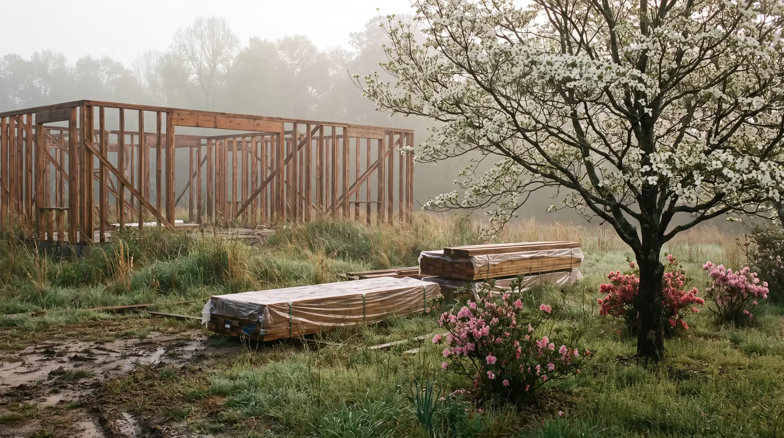 A stalled remodel with untouched lumber, dogwood in bloom, an April morning
