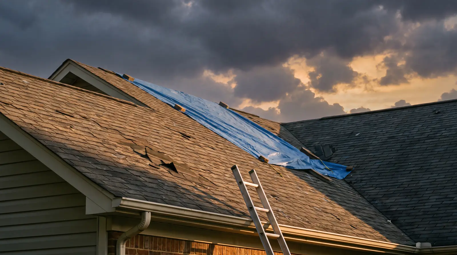 A hail-damaged roof under a tarp the morning after a storm