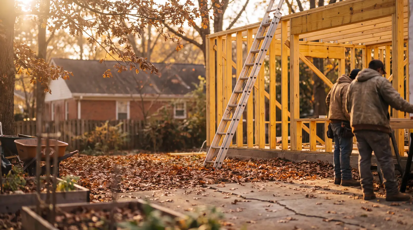 A half-finished addition under fallen leaves in late October