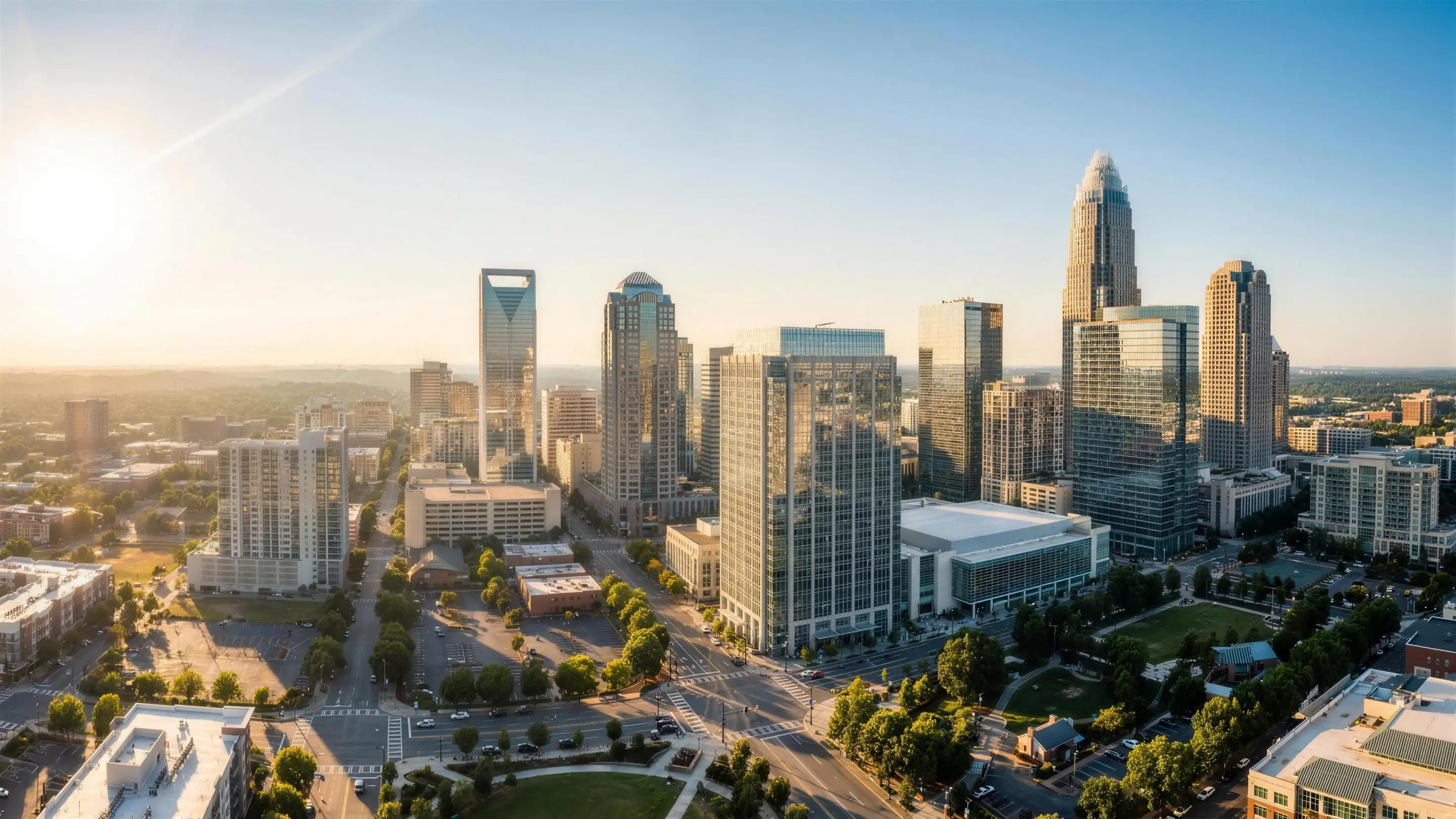 Uptown Charlotte at golden hour from the air