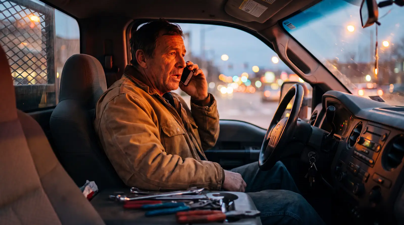 A contractor on the phone in his truck at dusk