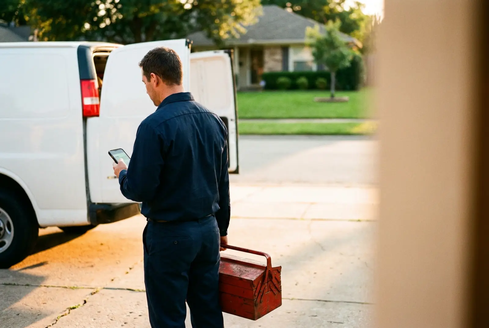 A technician in the field checking the next job on his phone