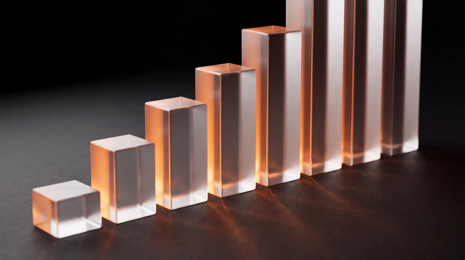 A rising chart of glass bars lit from within