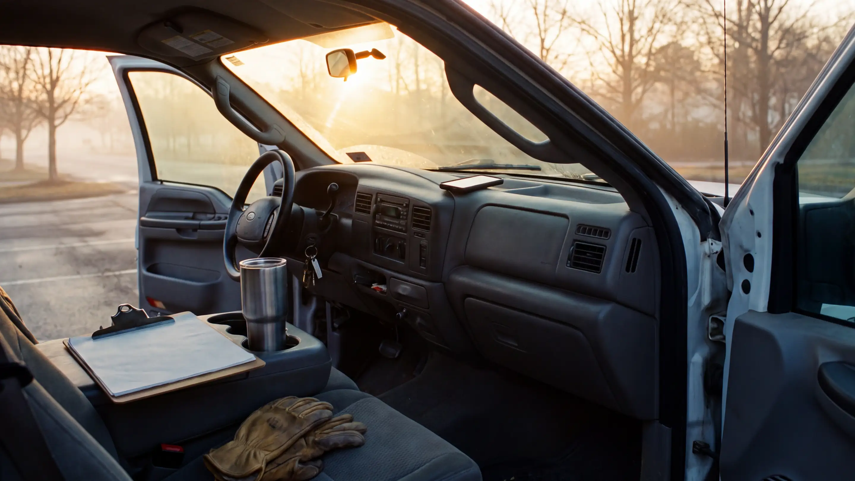 The cab of a contractor's truck at seven in the morning