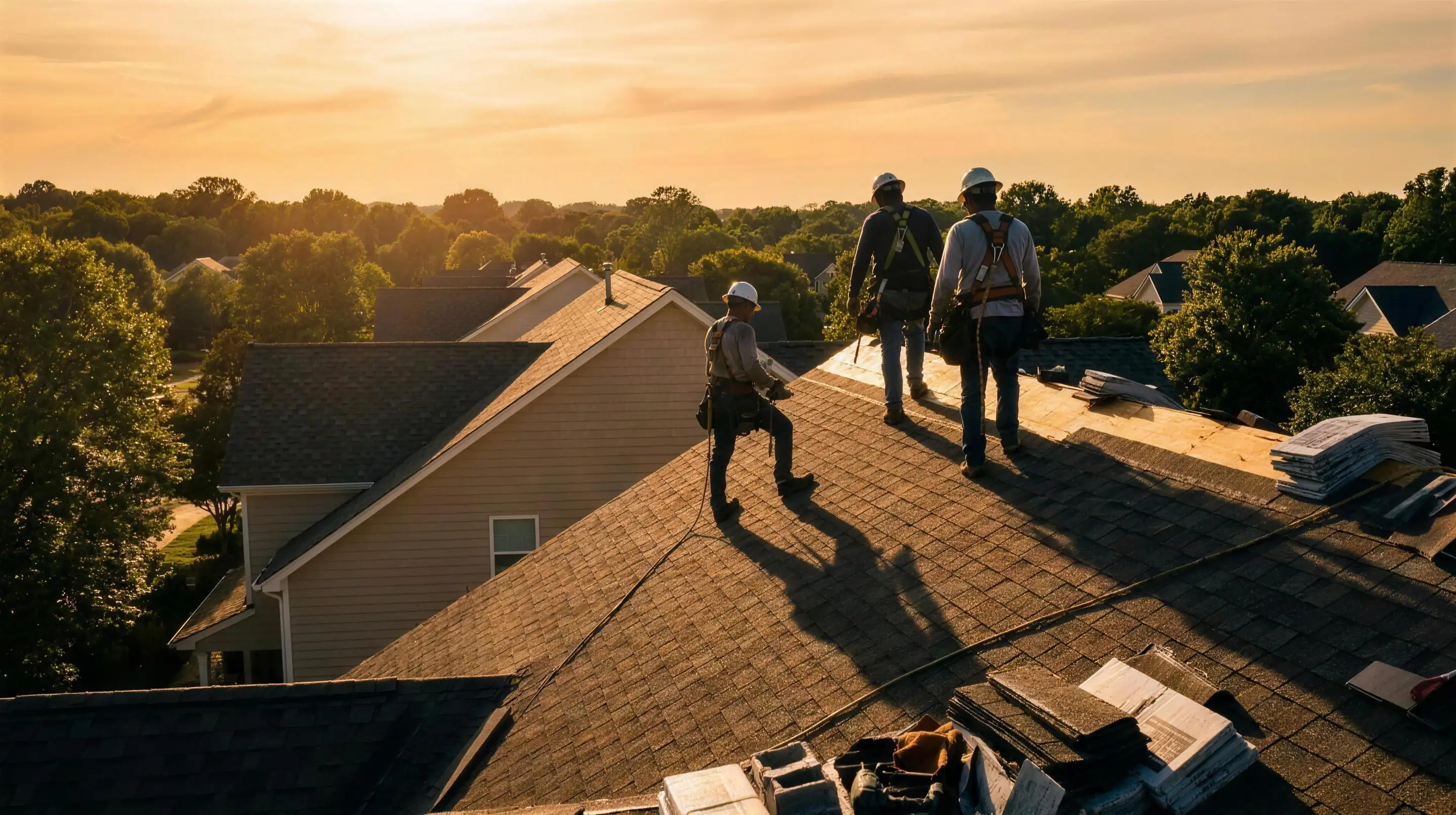 A roofing crew at golden hour — the trades where the public record matters most