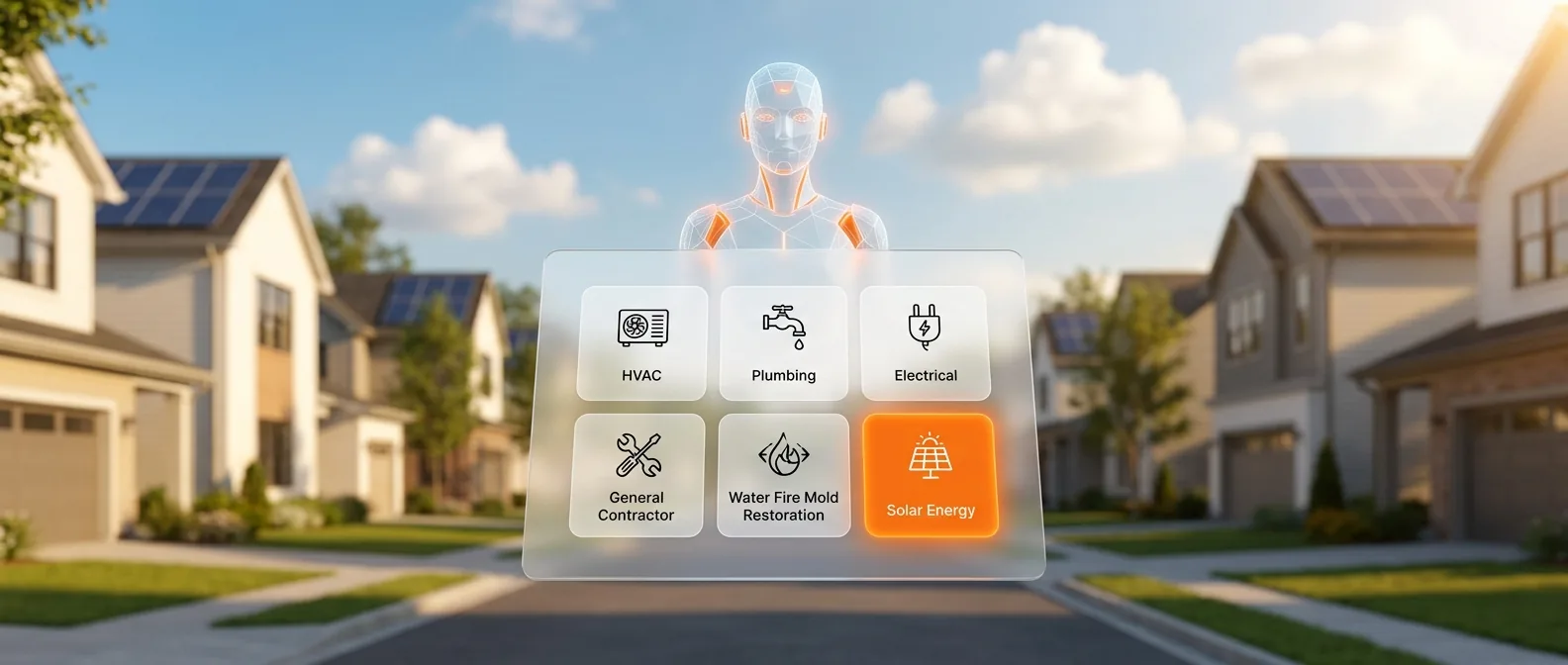 AI agent over a grid of trade categories: HVAC, plumbing, electrical, general contracting, water fire mold restoration and solar energy